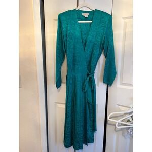 Argenti Vintage 100% Silk Turquoise Dress Size 12 Long Sleeve Waist Tie Maxi Gow